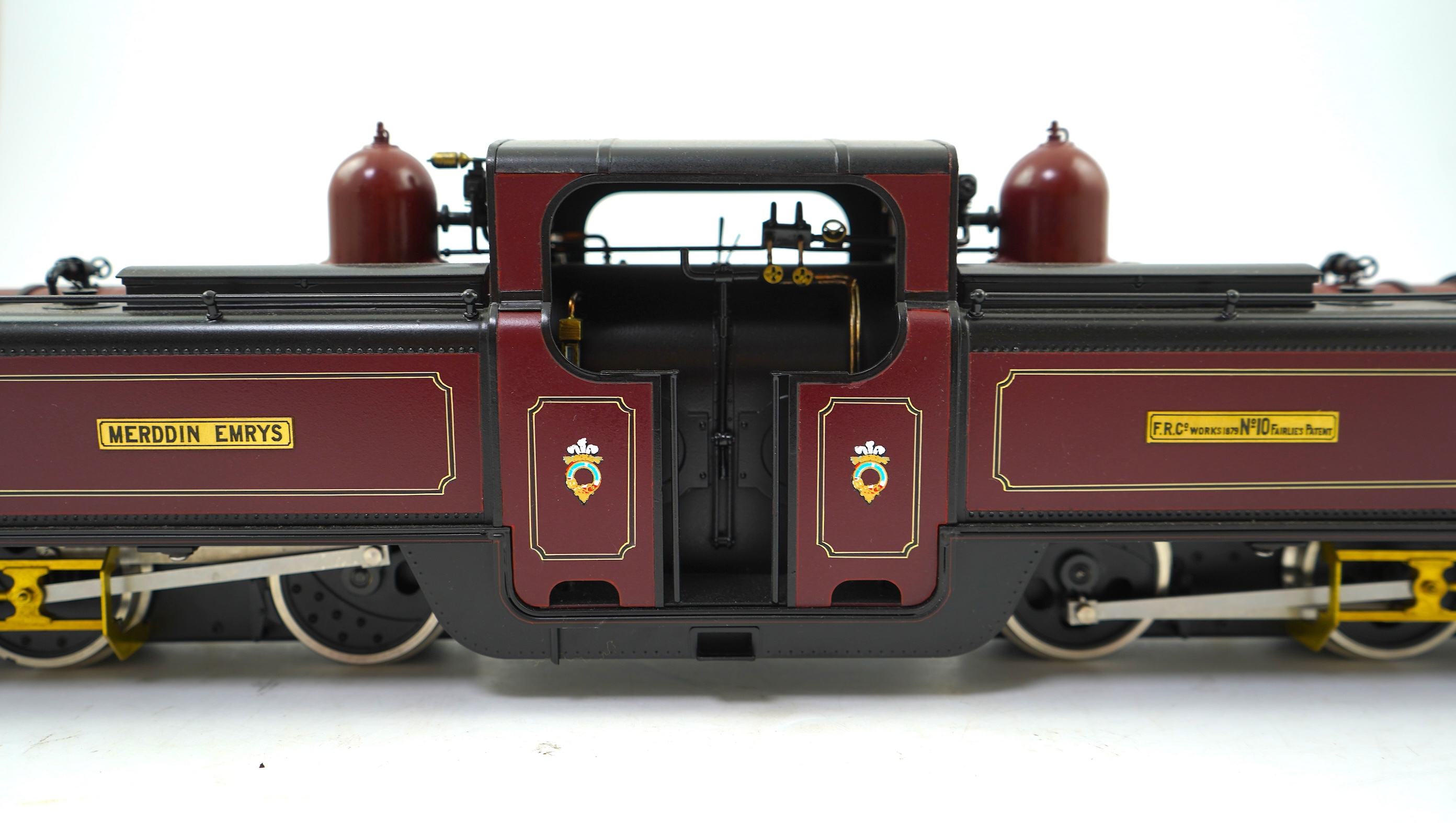 A 16mm scale (running on 32mm rails) commercially produced brass model of Ffestiniog Railway Double Fairlie narrow gauge locomotive Merddin Emrys No.10, powered for two rail operation.